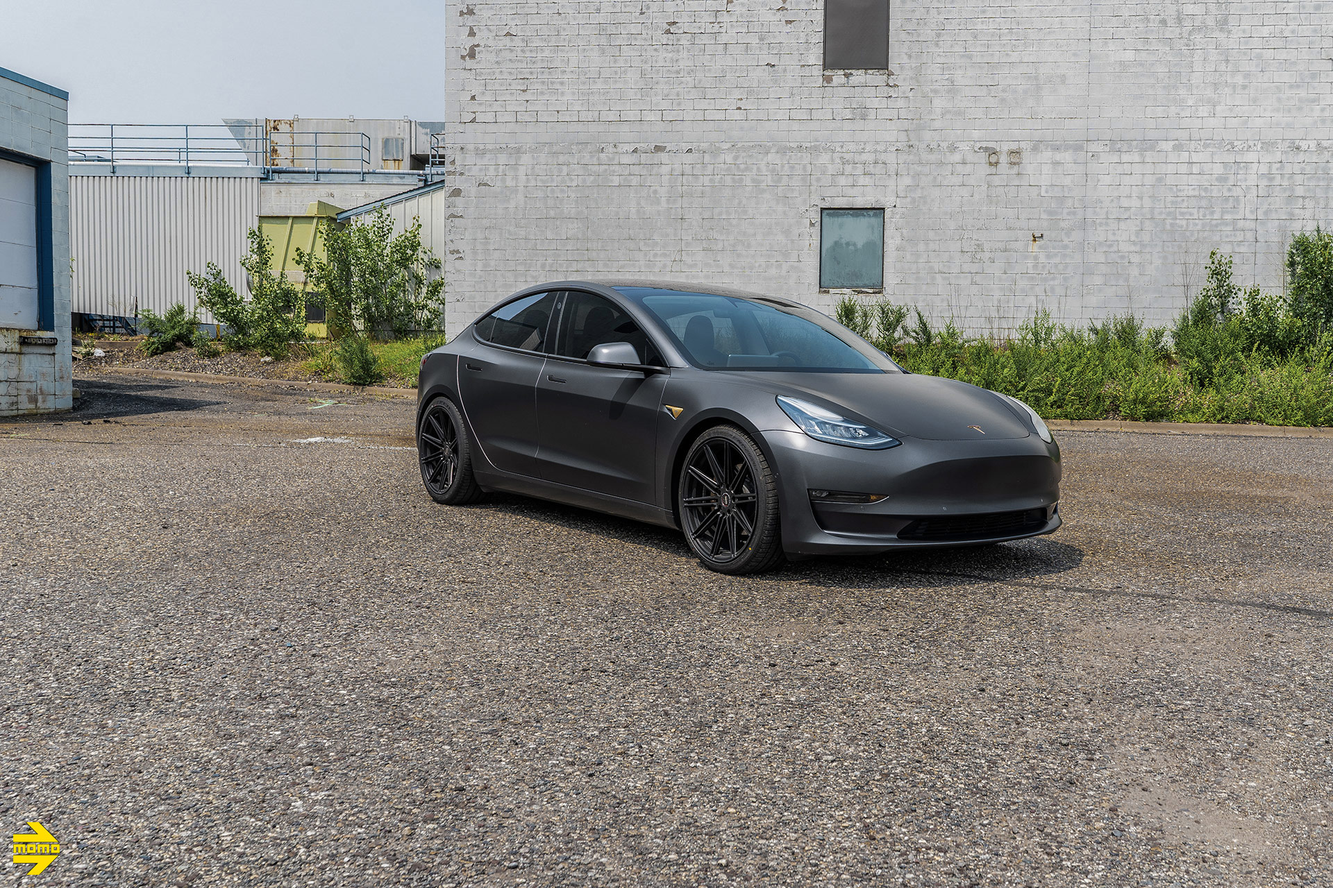 Matte Gray Tesla Model 3 in MOMO RF-10S Matte Black Wheels - Platinum Auto Wraps - Saint Paul, MN