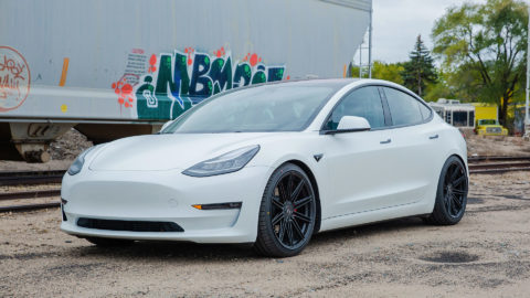 White Tesla Model 3 in MOMO RF-10S Matte Black Wheels- Platinum Auto Wraps - Saint Paul, MN